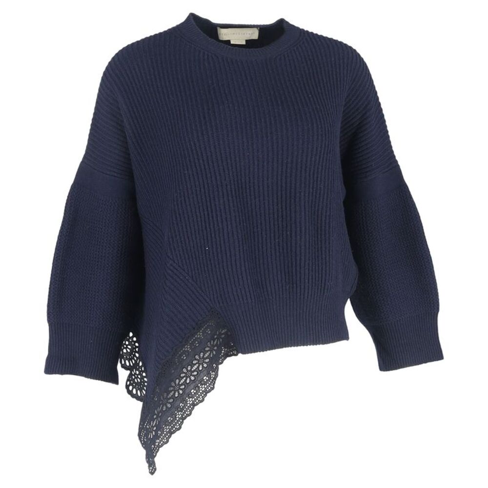 Stella McCartney Lace Trim Rib Knit Asymmetric Sweater in Navy Blue Cashmere